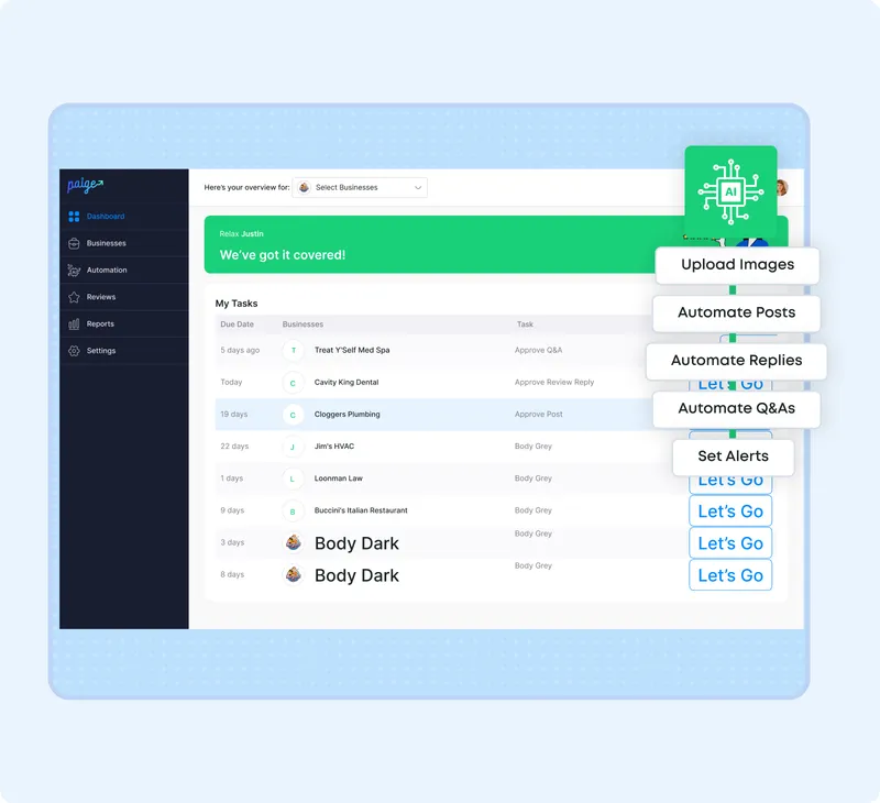 Green analytics dashboard showing Google Business Profile optimization metrics and results