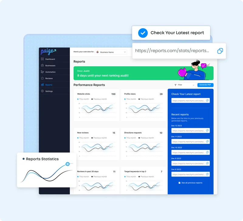 Laptop dashboard showing AI optimization engine connected to Google Business Profile