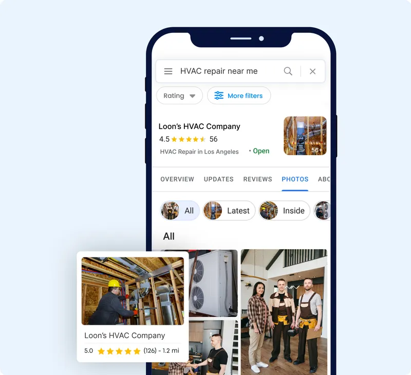 Phone showing AI-written Google Business Profile posts published automatically