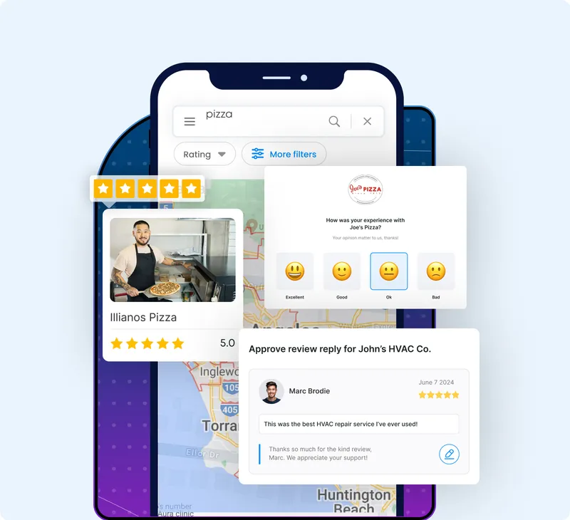 Phone showing keyword-rich five-star Google reviews for a local business
