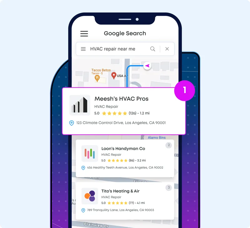 Google Search results showing local business ranking in Maps and AI search answers