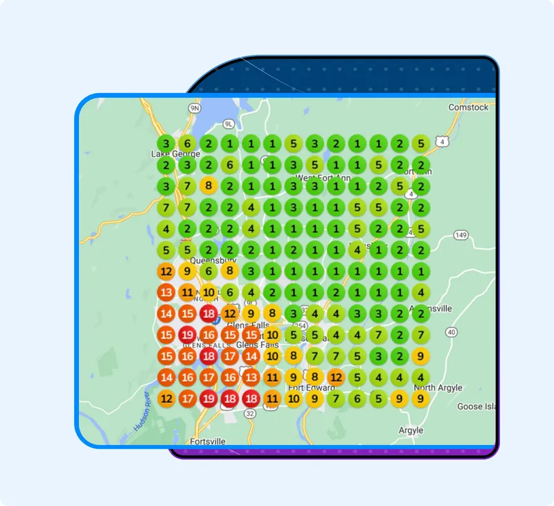 Local ranking heatmap showing green top positions across service area