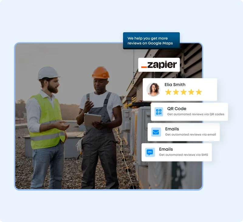 Business professional with five-star ratings showing strong online reputation built through review generation