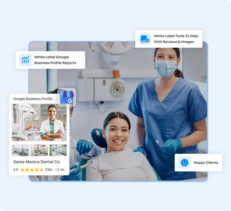 Client viewing branded performance dashboard showing rankings, reviews, and call tracking