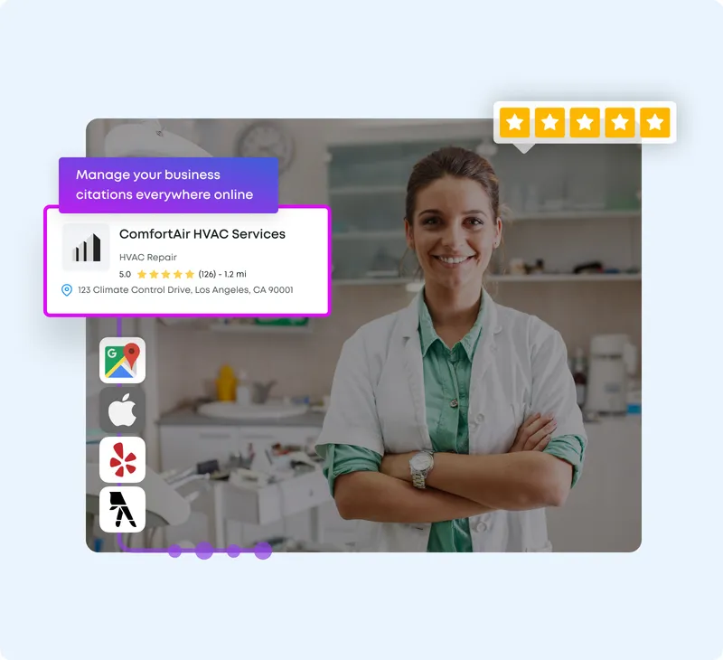 Woman viewing ratings across Google Maps, AI search, and 40+ directories